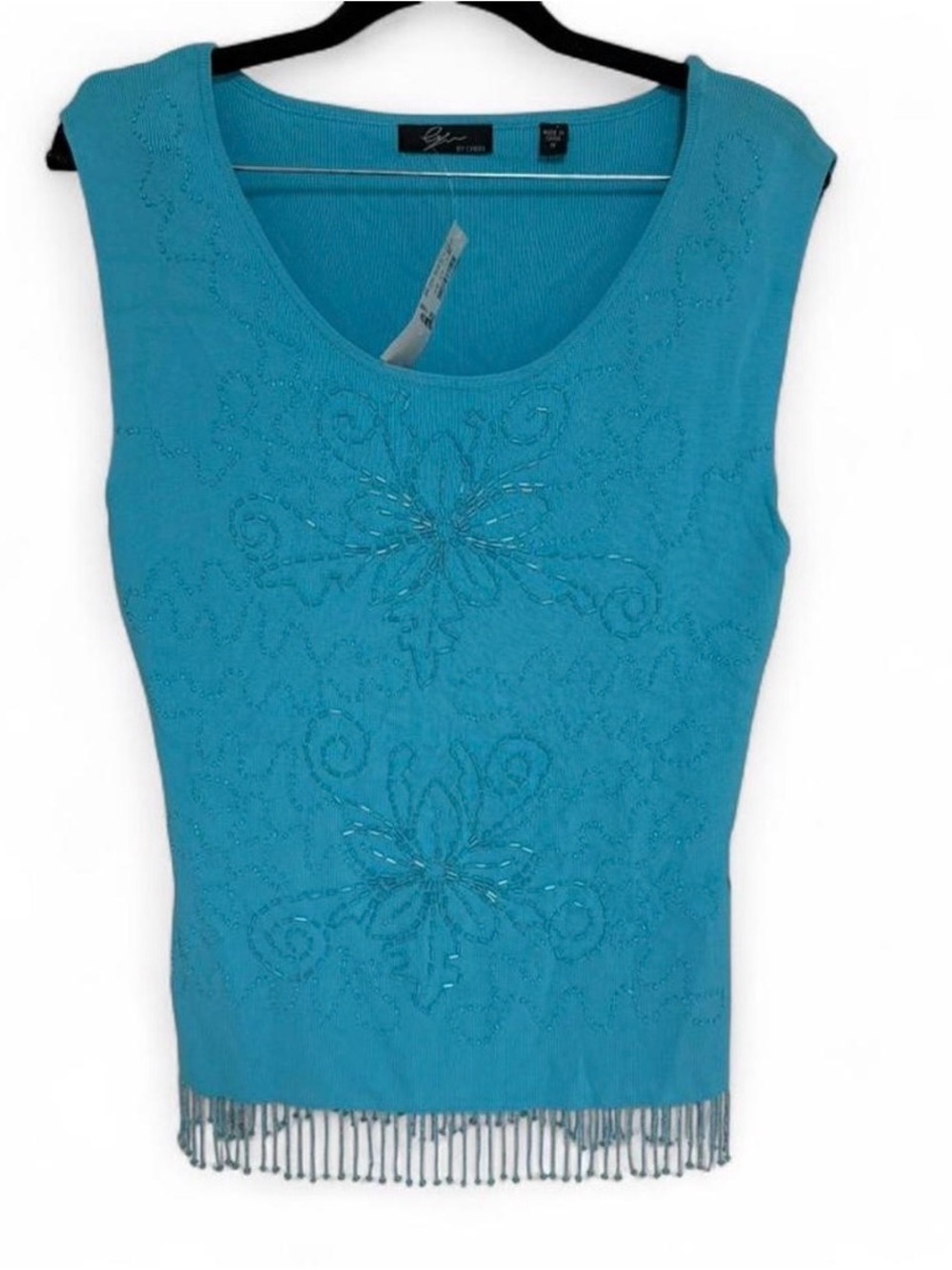 Cyrus Teal Beaded Floral Fringe Tank Top